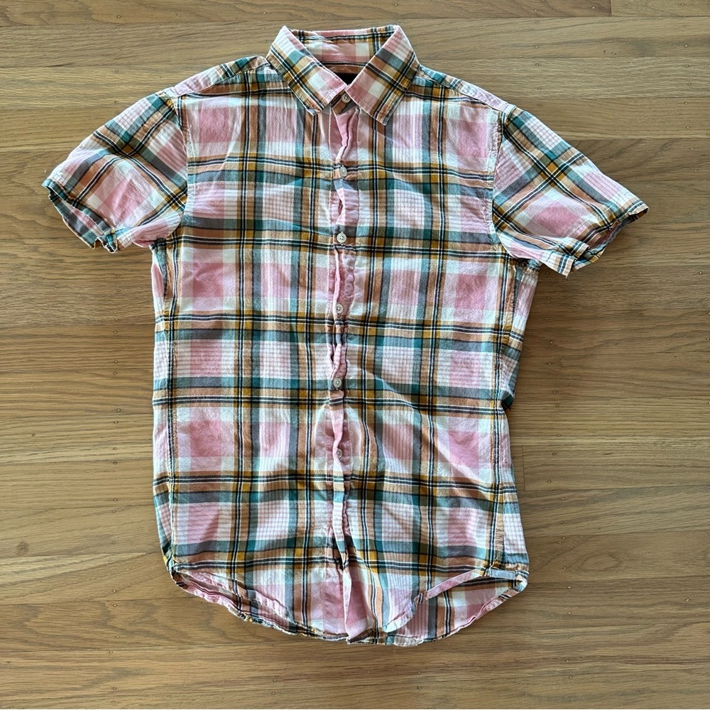 Bonobos Men's Pink Plaid Short Sleeve button up shirt Slim Fit XS